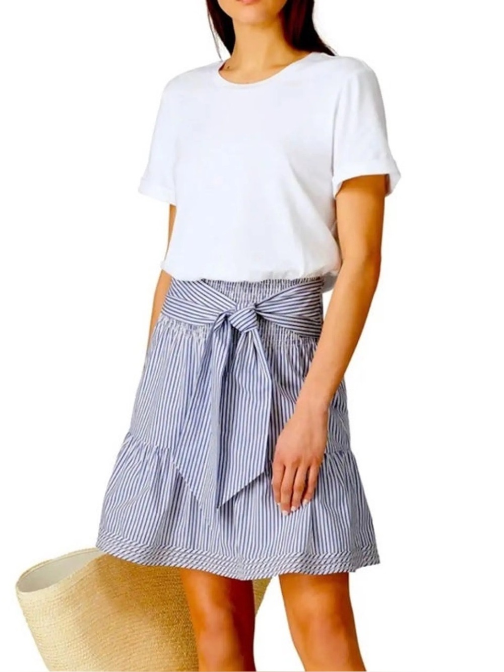 Parker White Tee Top with Striped Tie-Waist Skirt